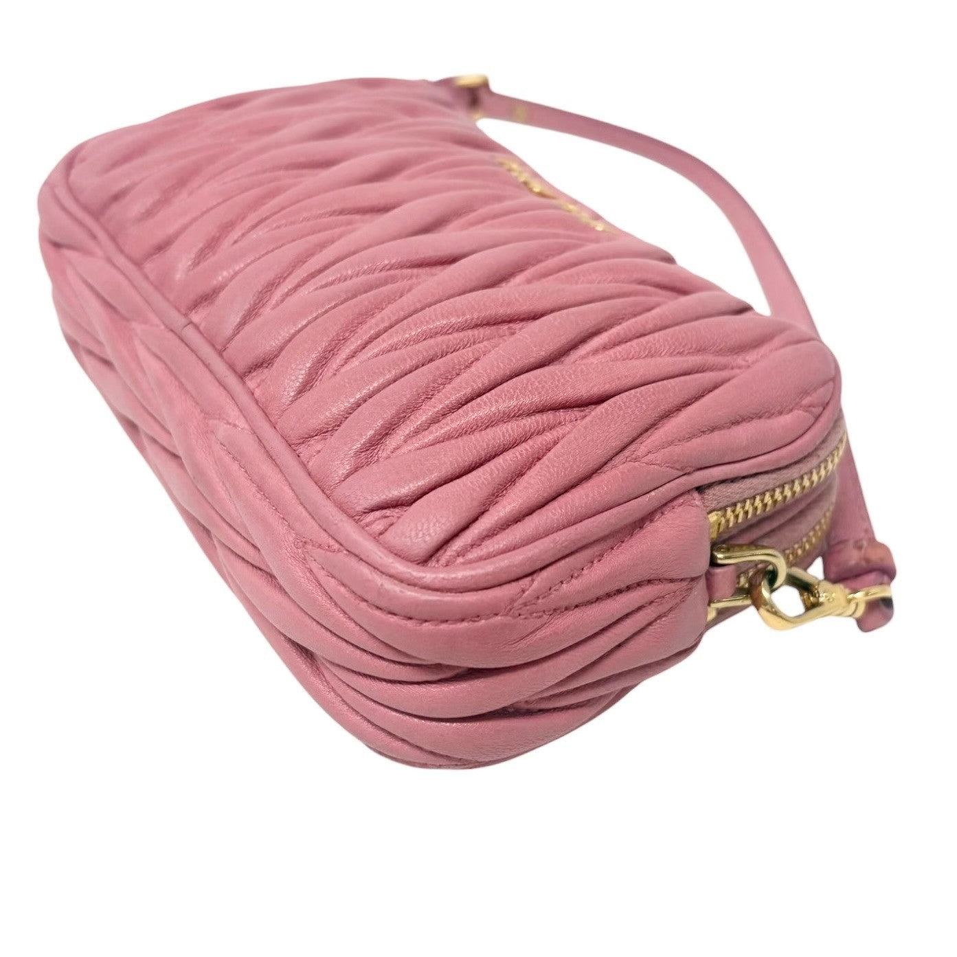 miu miu Vintage Logo Matelasse Leather Mini Double Zip Bag Pink Gold 902277