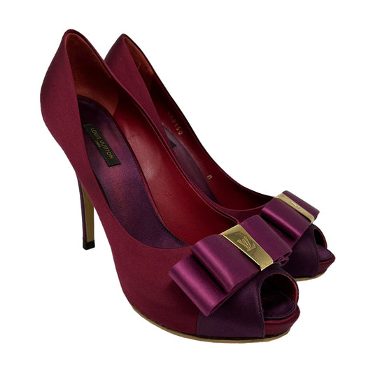 LOUIS VUITTON LV Logo Sandals Heels #38.5 US8 Open Toe Ribbon Red Purple RankAB