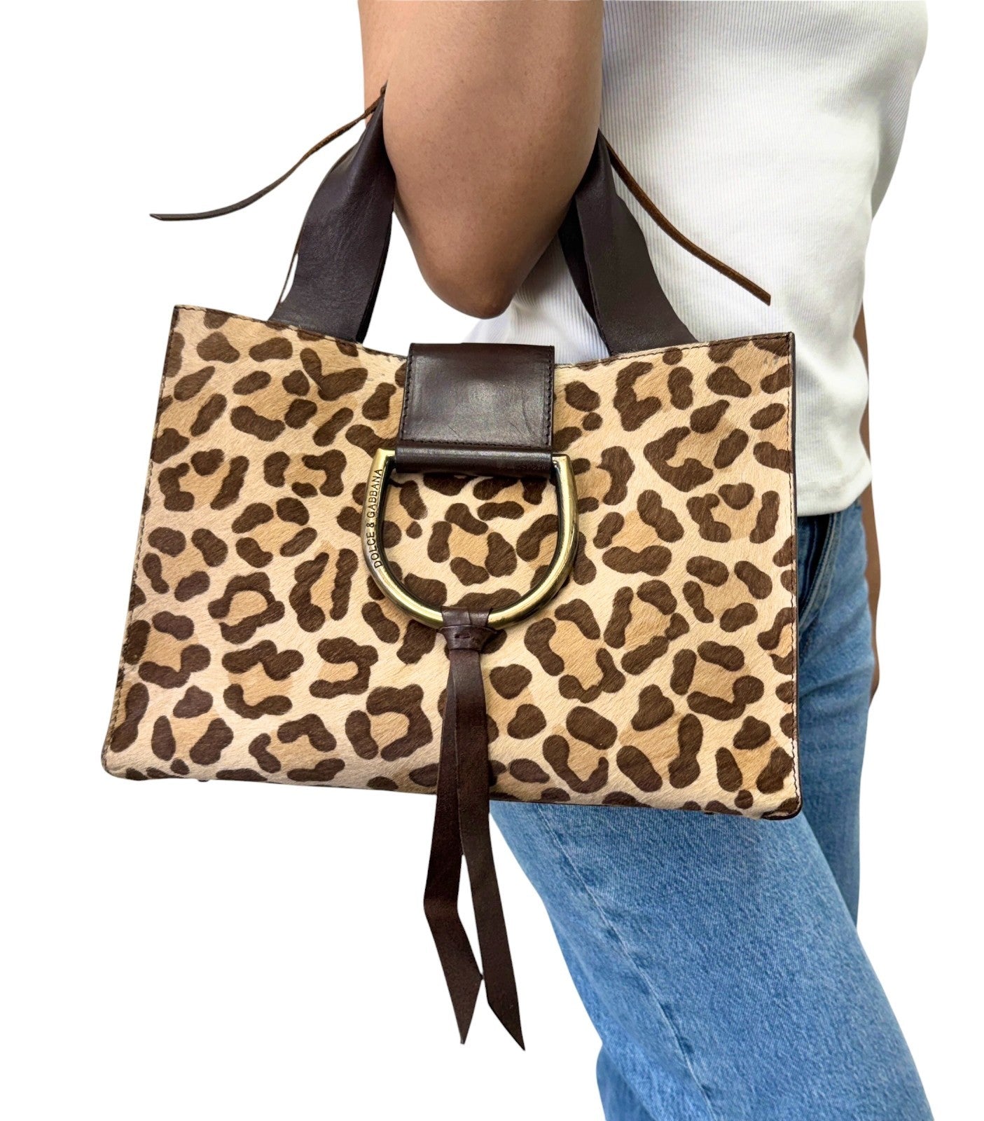 DOLCE&GABBANA Vintage Logo Leopard Pony Hair Hand Bag Beige Brown 902449