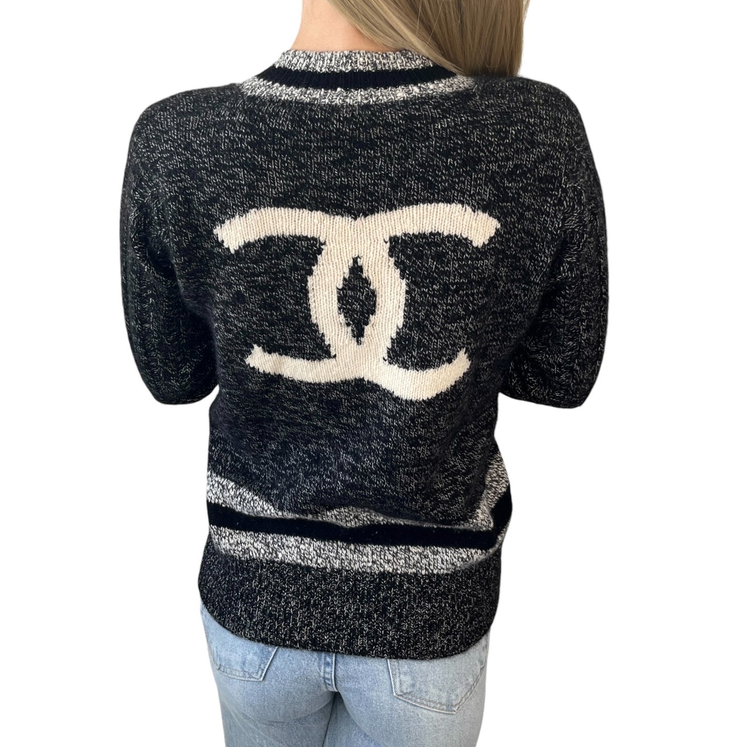 CHANEL Vintage 96A Big CC Logo Knit Cashmere Sweater Top #42 Gray Black 902394