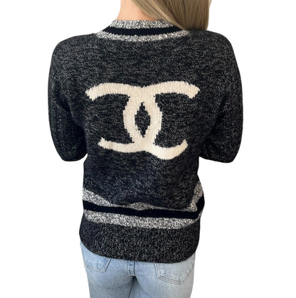 CHANEL Vintage 96A Big CC Logo Knit Cashmere Sweater Top #42 Gray Black 902394