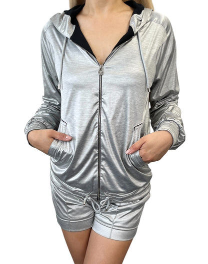CHANEL Vintage P43484 CC Hoodie Zip Up Jacket Short Pants Set #34 Silver 901933