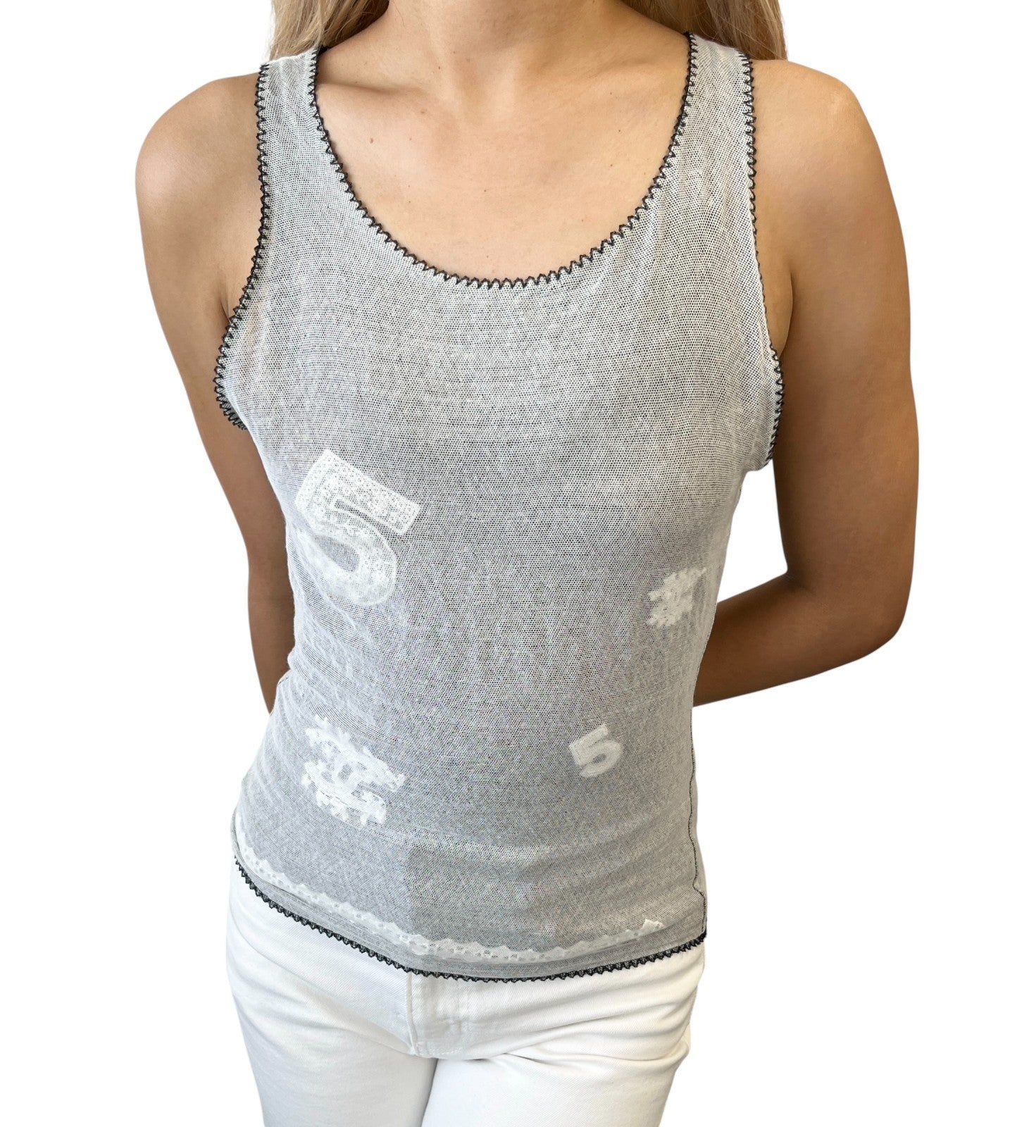 CHANEL Vintage 04P CC Logo Mesh See-through Tank Top #38 Gray White Cotton