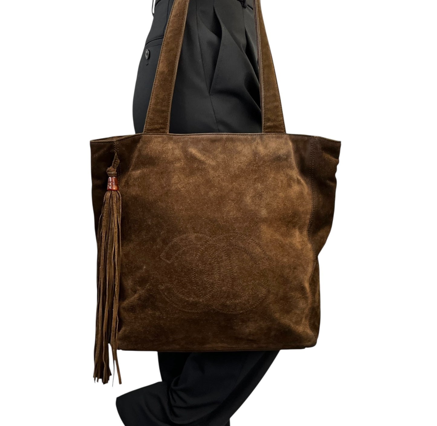CHANEL Vintage CC Logo Suede Shoulder Tote Bag Fringe Brown Stitch 902594