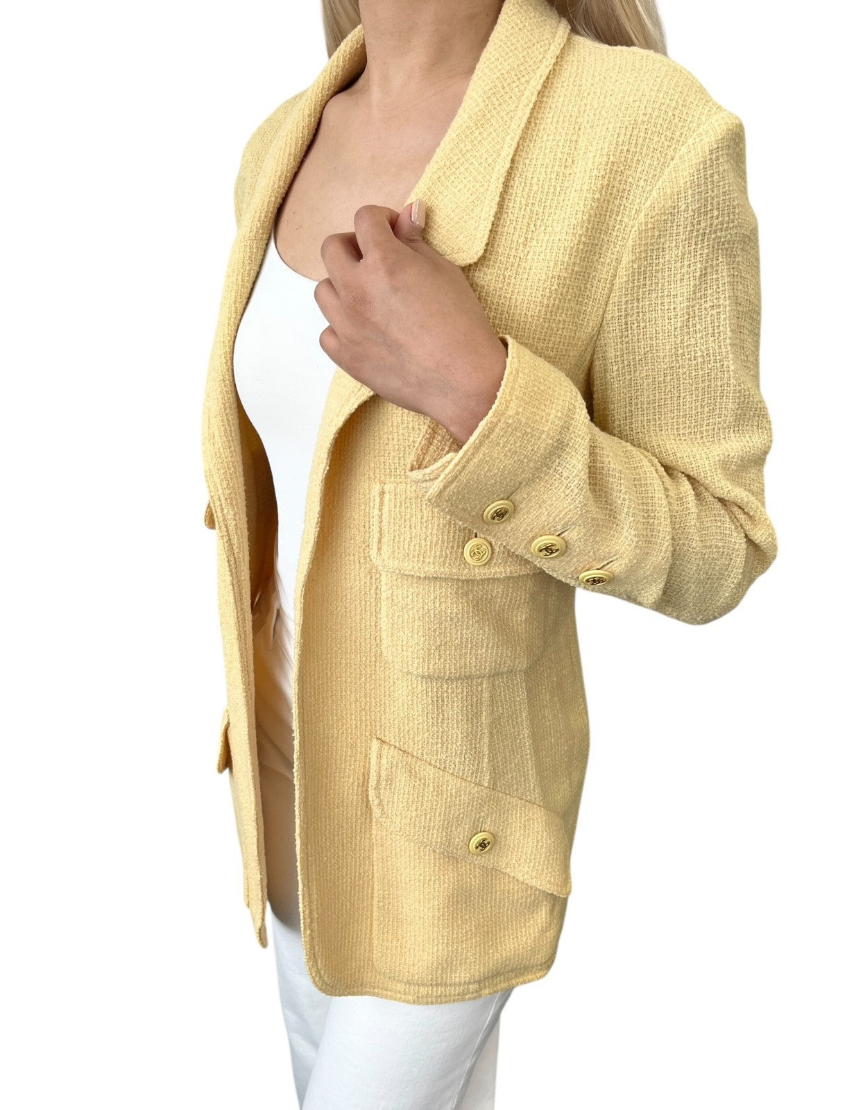 CHANEL Vintage 1994 CC Logo Tweed Collared Jacket #34 Yellow Gold Button Wool