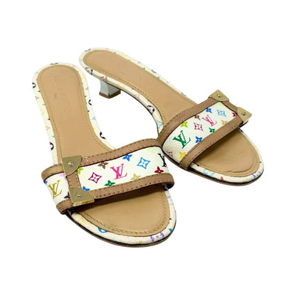 LOUIS VUITTON Vintage Monogram Multicolor Sandals Heels #37 White Beige 902545