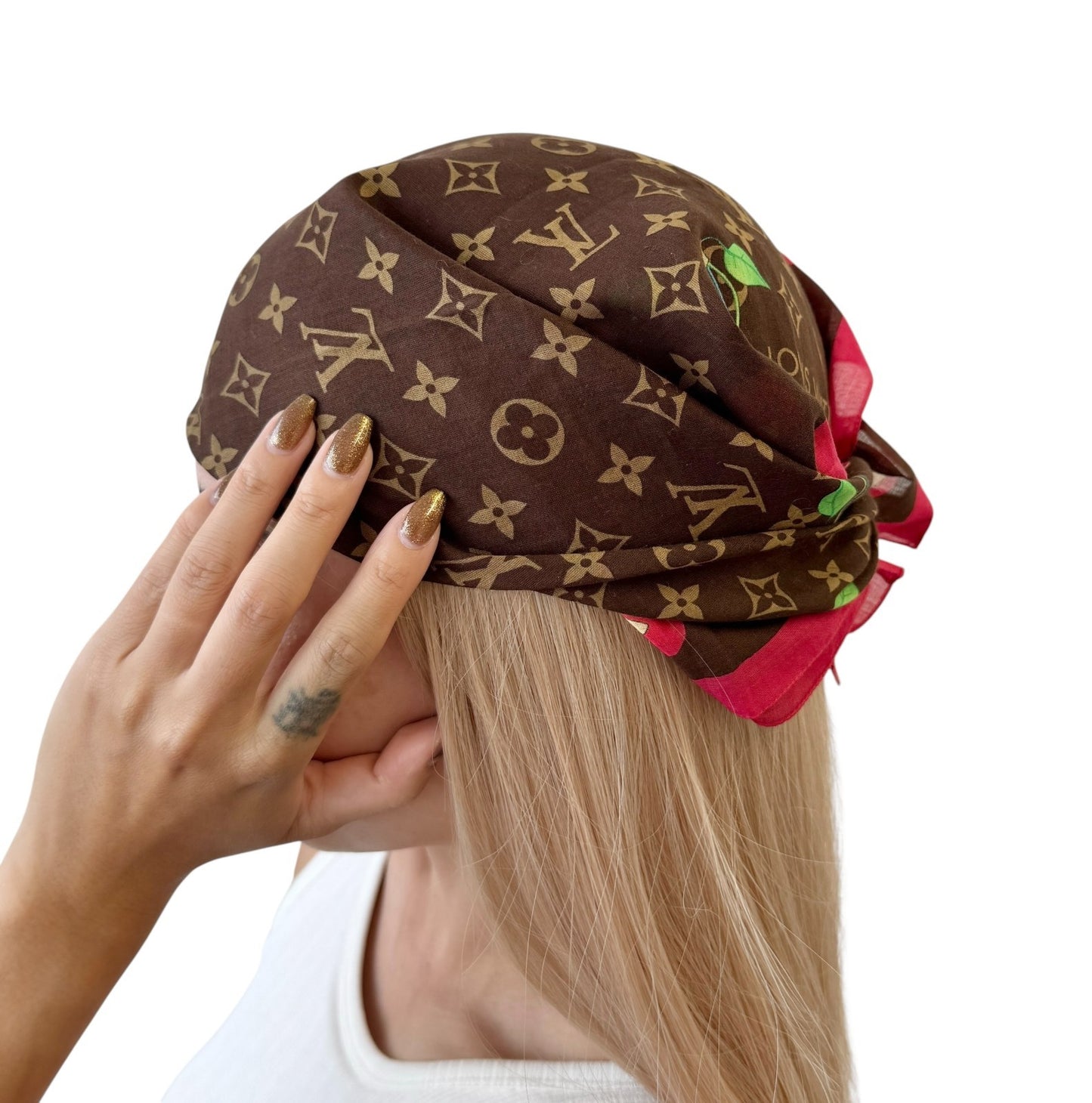 LOUIS VUITTON Vintage LV Monogram Cherry Scarf Wrap Takashi Murakami Brown Red