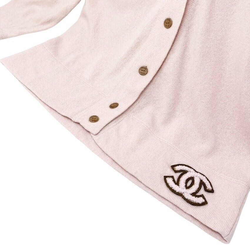 CHANEL Vintage 01A CC Mark Logo Knit Cardigan #42 Pink Brown Cashmere Stitch