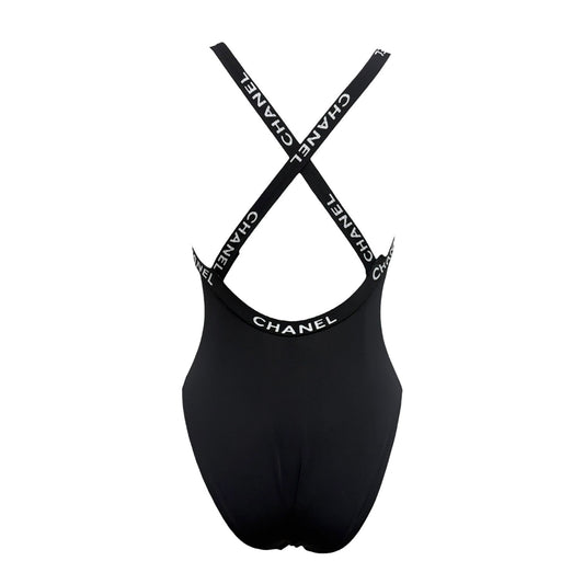CHANEL Vintage CC Logo Swimwear Swimsuit One-piece #38 Black Nylon 902302