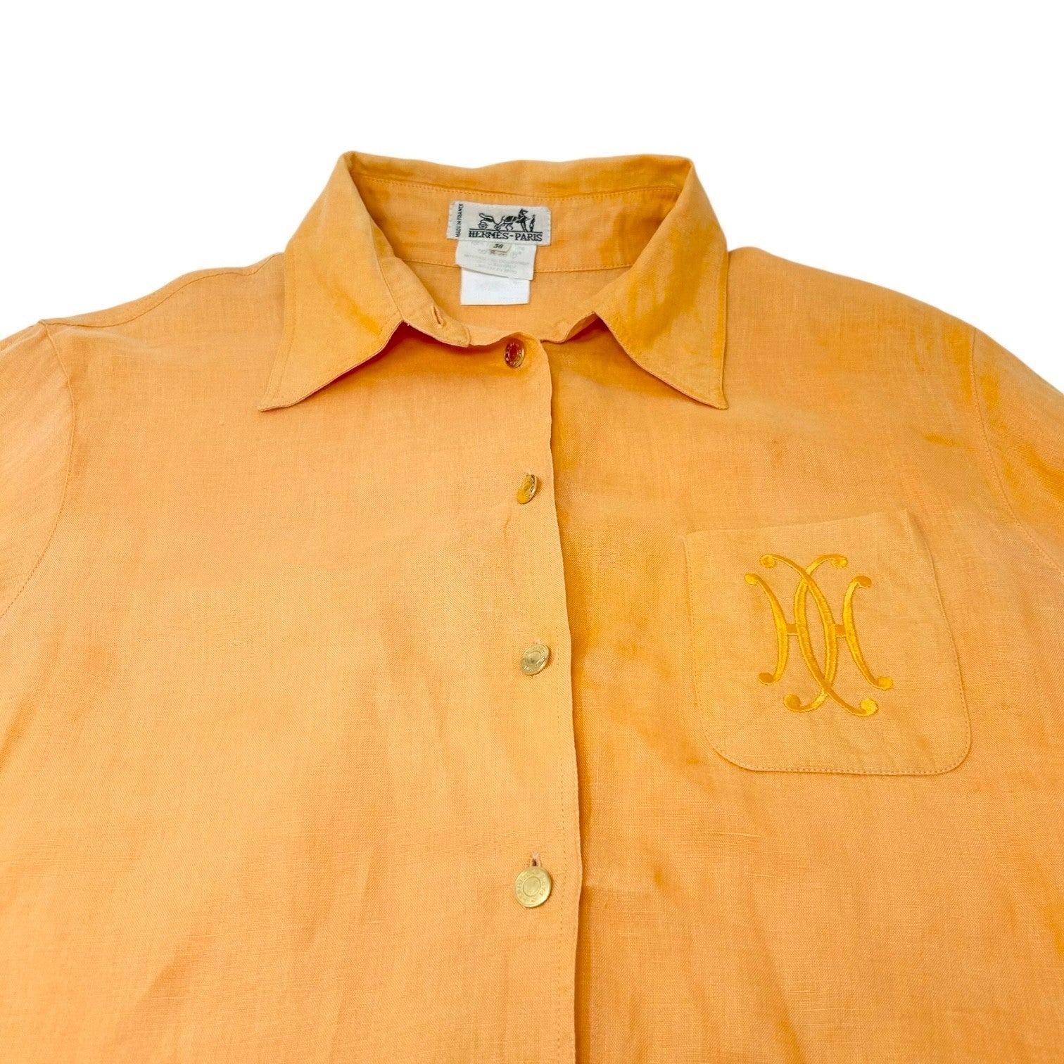 HERMES Vintage Logo Clou de Selle Button Up Shirt Top #36 Orange Gold Linen