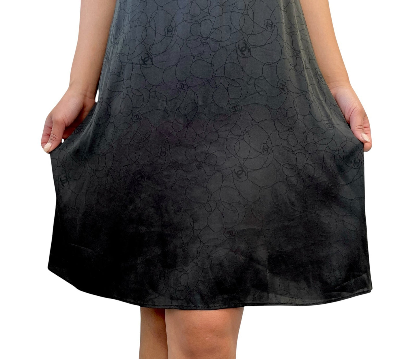 CHANEL Vintage 01P CC Logo Dress One-piece #38 Flower Camellia Button Black Silk
