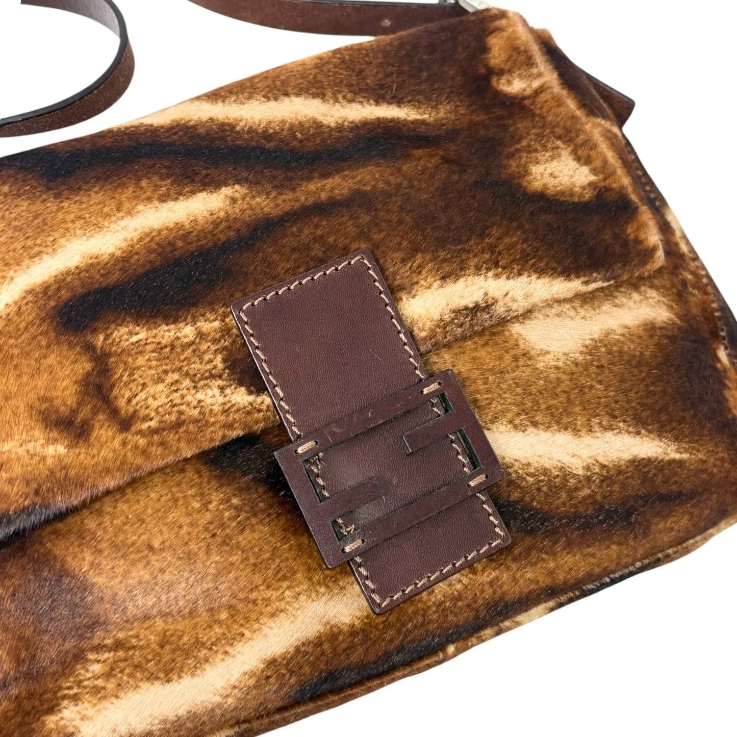 FENDI Vintage FF Logo Mamma Baguette Pony Calf Hair Shoulder Bag Brown Leather