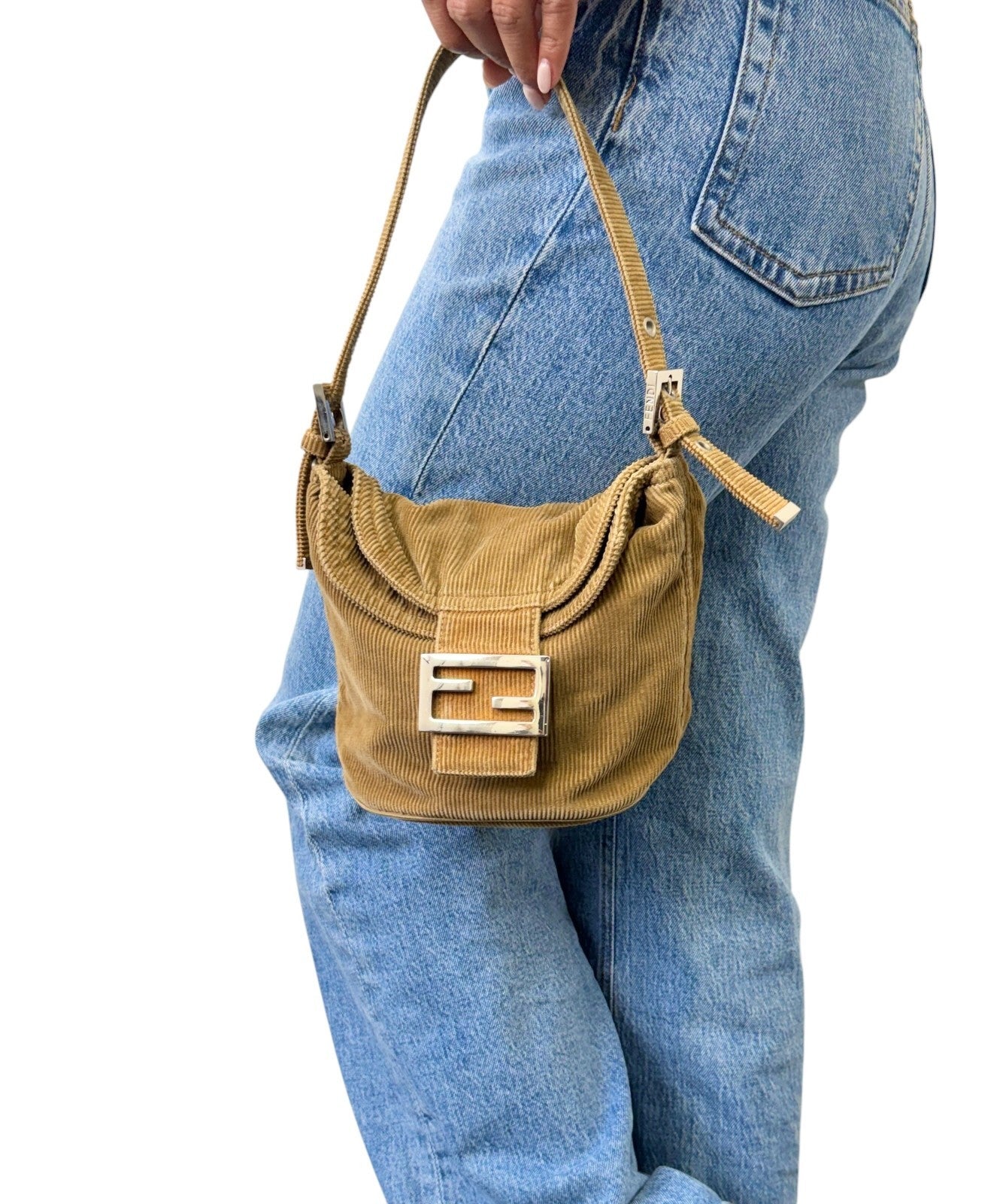 FENDI Vintage FF Logo Mamma Baguette Mini Shoulder Bag Beige Corduroy 901886