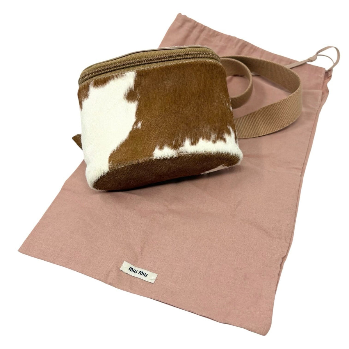 miu miu Vintage Logo Pony Calf Hair Cowhide Fanny Belt Bag Brown White 902807