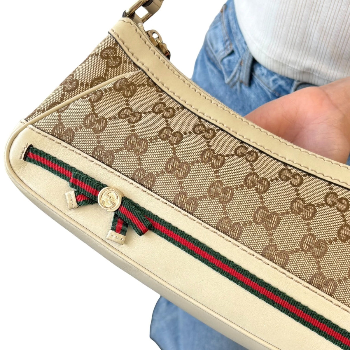 GUCCI Vintage GG Monogram Web Stripe Canvas Shoulder Bag Beige Ribbon 902487