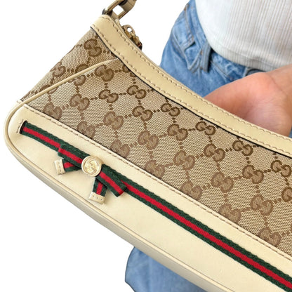GUCCI Vintage GG Monogram Web Stripe Canvas Shoulder Bag Beige Ribbon 902487