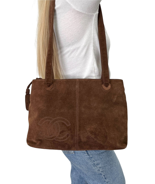 CHANEL Vintage Stitch CC Logo Suede Tote Shoulder Bag Zip Brown 902486