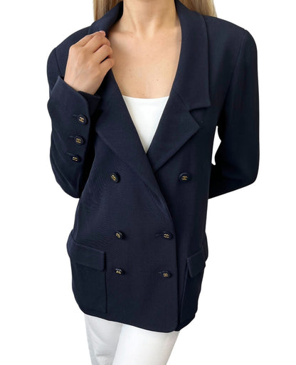 CHANEL Vintage 94A CC Logo Button Jacket #38 Blue Gold Wool Pockets 901975