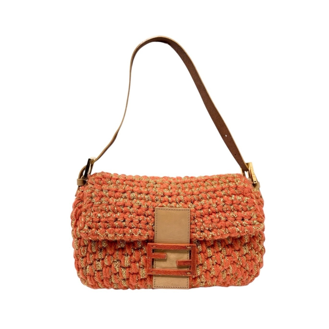 FENDI Vintage FF Mamma Baguette Wool Knit Shoulder Bag Glitter Orange Beige