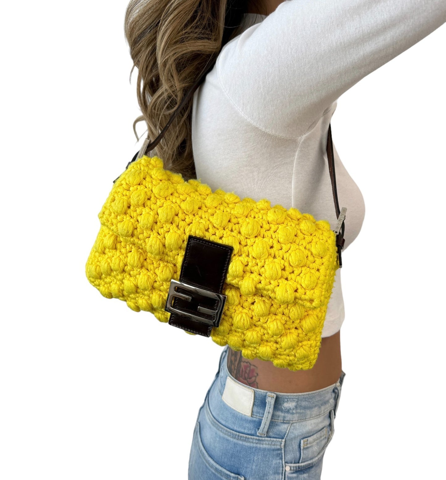 FENDI Vintage Logo Knit Mamma Baguette Shoulder Bag Yellow Brown Wool
