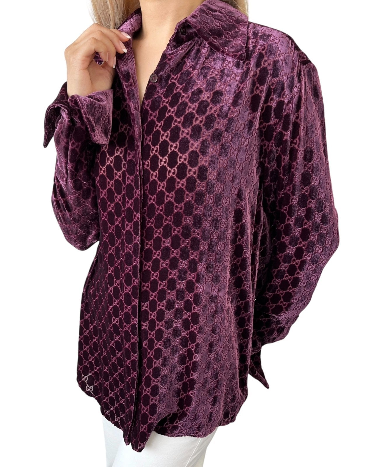 GUCCI Vintage GG Monogram Logo Velour Button Up Shirt Top Purple Silk