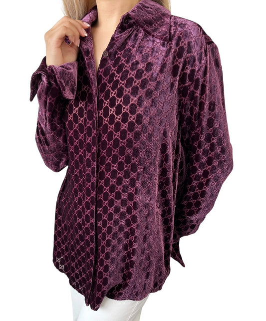 GUCCI Vintage GG Monogram Logo Velour Button Up Shirt Top Purple Silk