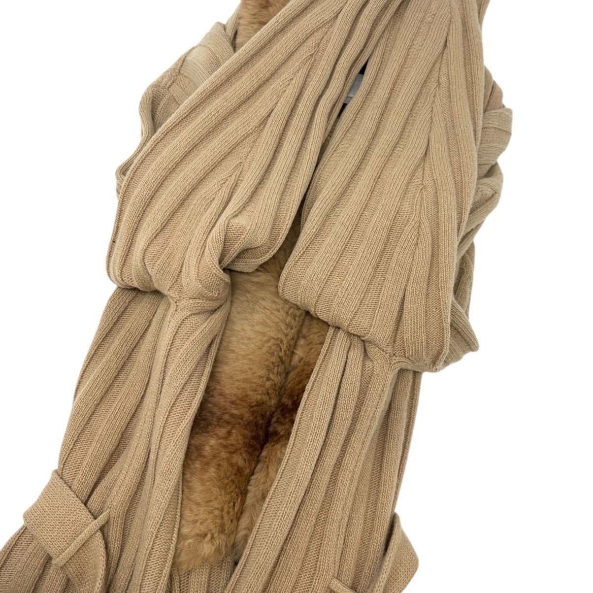 FENDI Vintage Fur Knit Rib Cardigan Jacket #46 Belt Beige Brown Wool