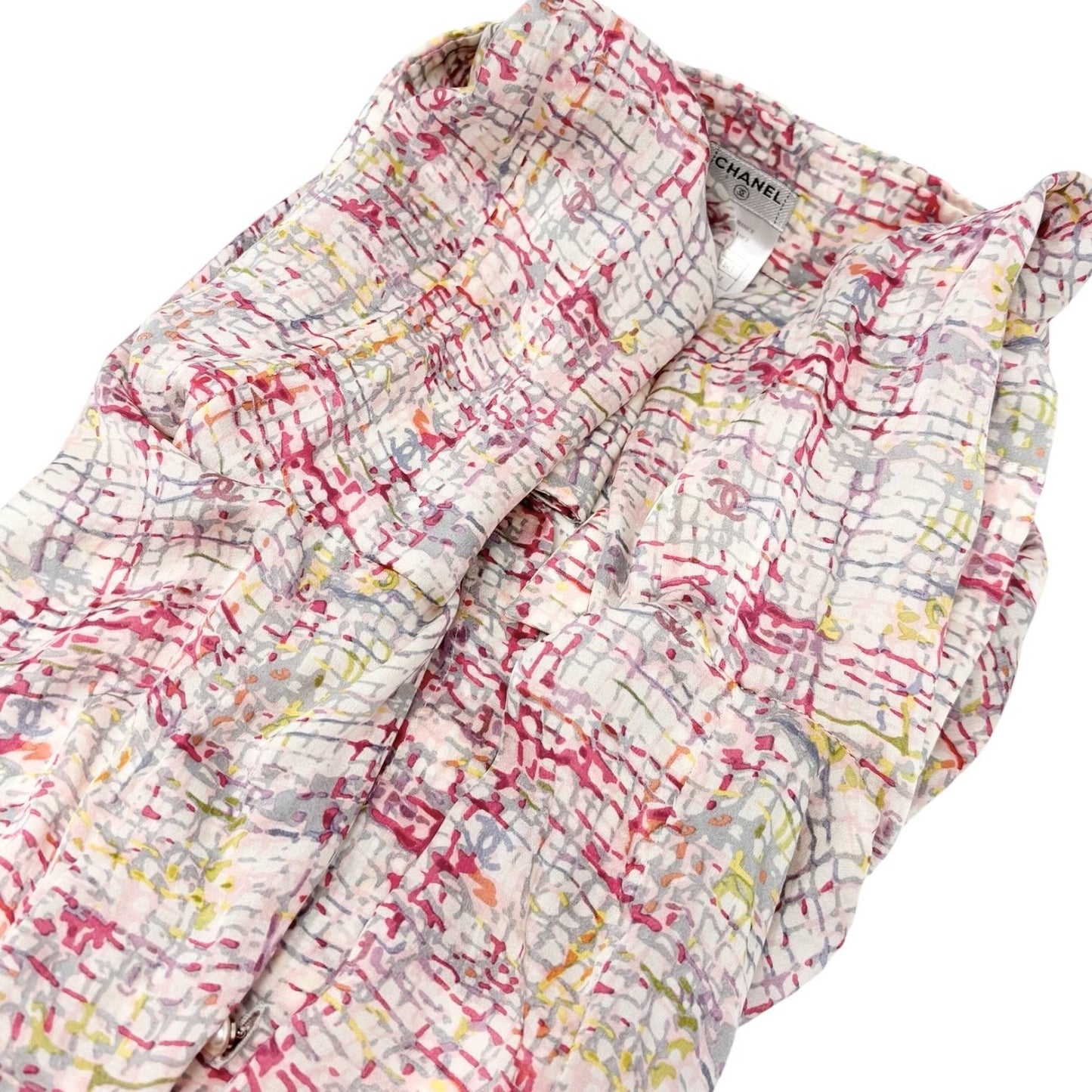 CHANEL Vintage 05C CC Tweed Print Shirt Blouse Top #34 Multicolor Silk 901994