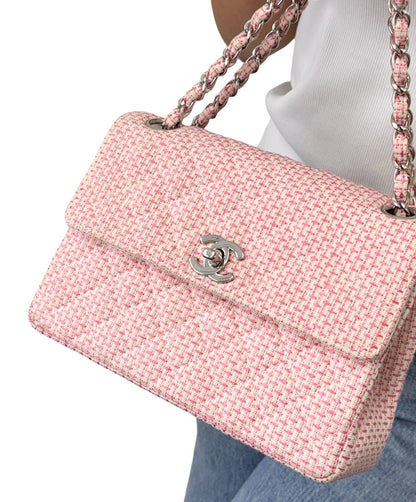 CHANEL Vintage CC Logo Quilted Chain Shoulder Bag Pink Cream Tweed 902313