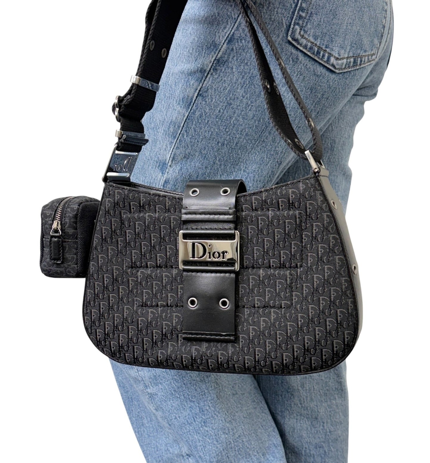 Christian Dior Vintage Street Chic Trotter Monogram Shoulder Bag Black 902443