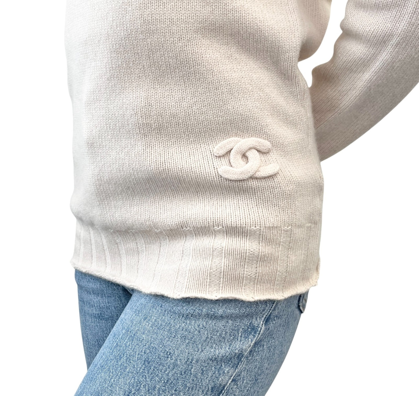 CHANEL Vintage P44576 CC Logo Cashmere Knit Sweater Top #34 Beige Ivory 901966