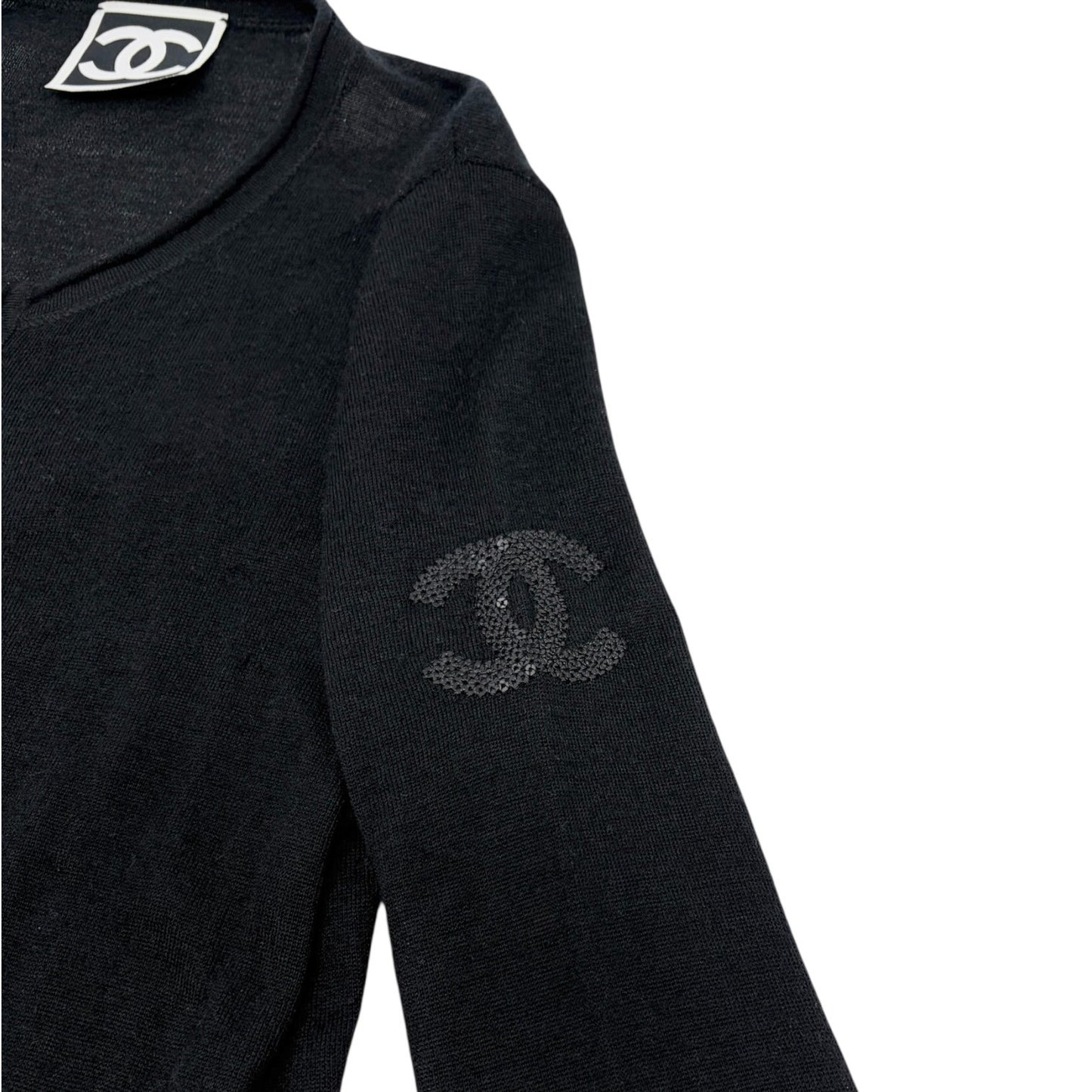 CHANEL Sport Vintage 09A CC Logo Cashmere Zipped Jacket #34 Sequins Black