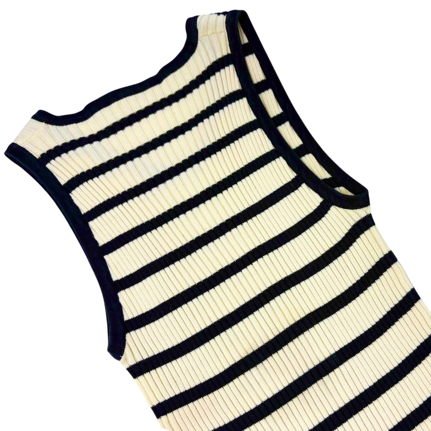 CHANEL Vintage 98P CC Mark Logo Striped Knit Tank Top #38 Cream Black Cotton