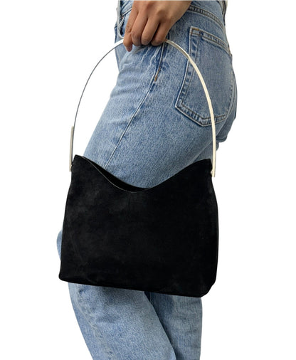 Gucci Vintage Logo Pouch Set Hobo Shoulder Bag Black Silver Suede 902828