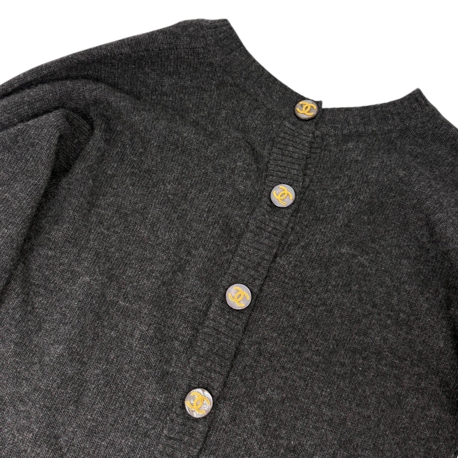 CHANEL Vintage CC Mark Logo Button Cashmere Knit Sweater Top Dark Gray Gold