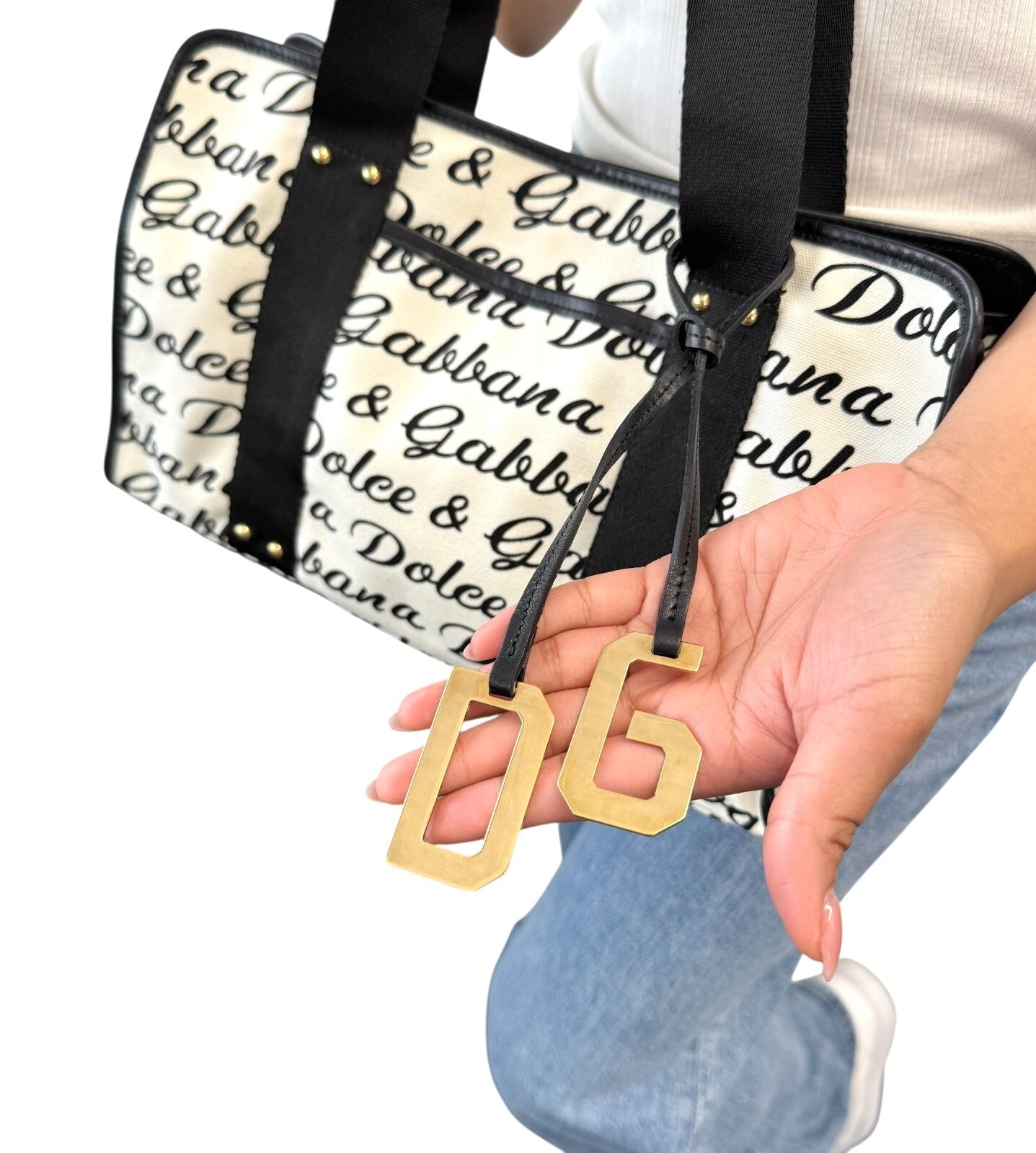 DOLCE&GABBANA Vintage D&G Logo Shoulder Bag White Black Gold Canvas Leather