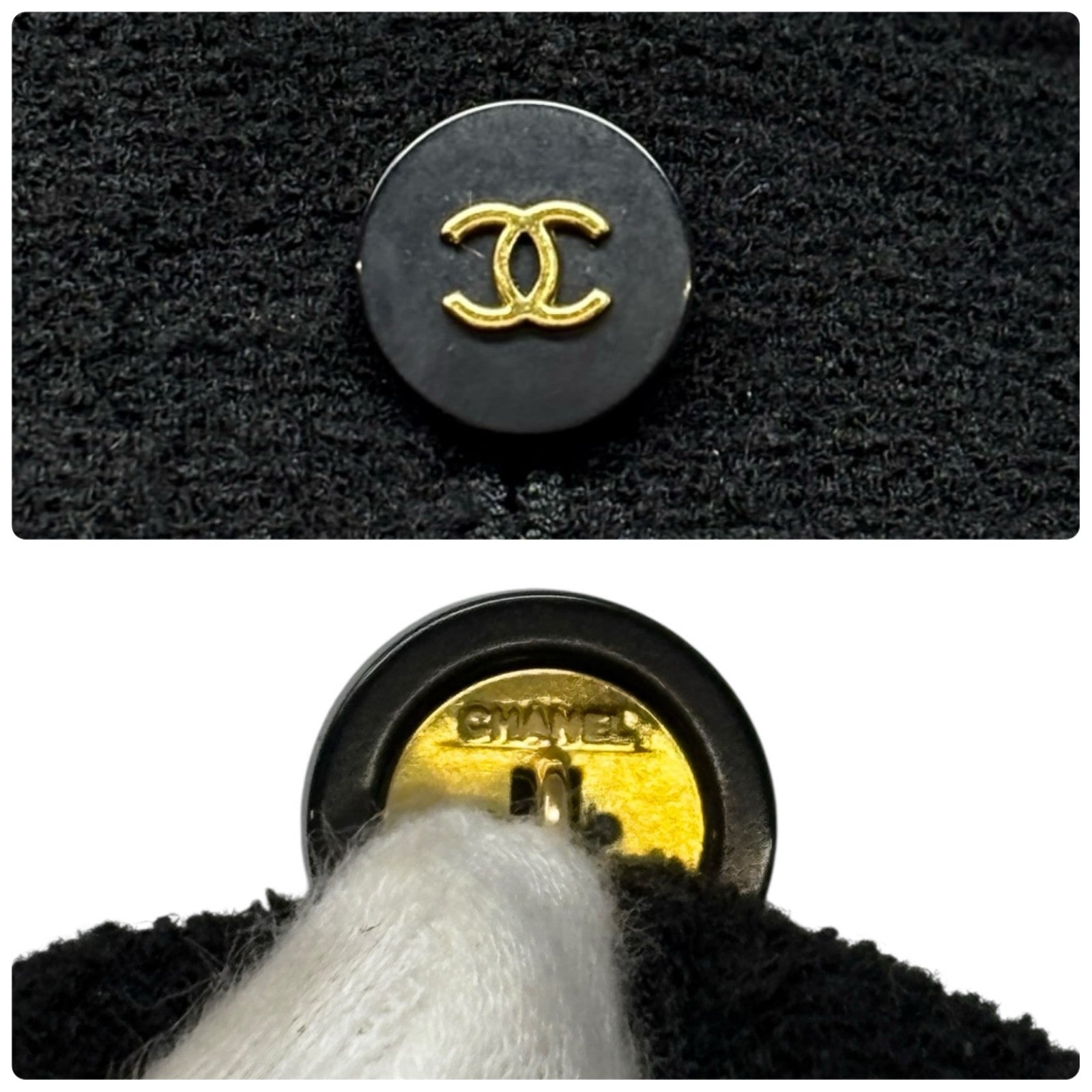 CHANEL Vintage 95P CC Mark Logo Cropped Jacket #36 Button Black Gold Wool