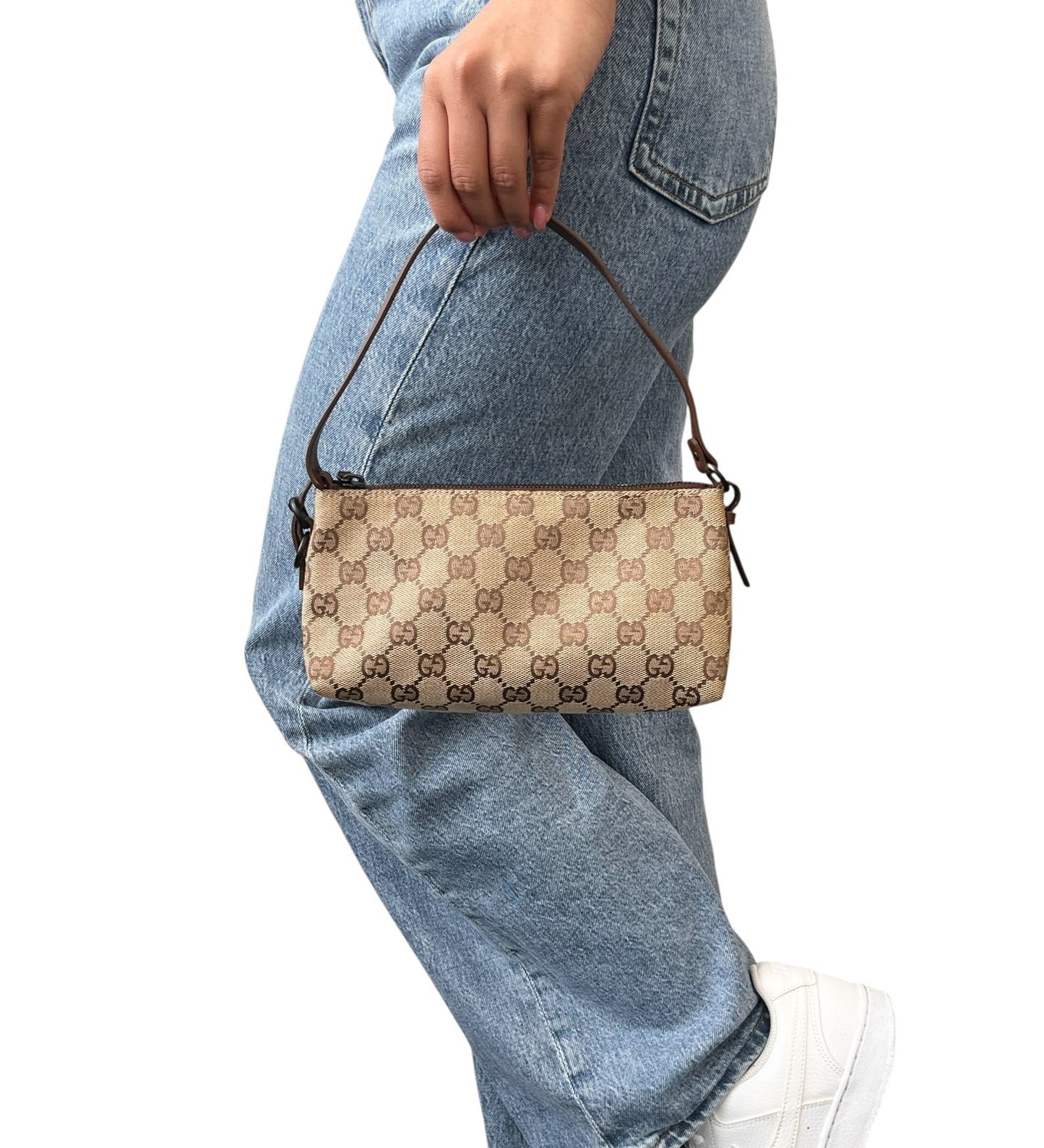 GUCCI Vintage GG Monogram Shoulder Bag Pochette Beige Brown Leather 902034