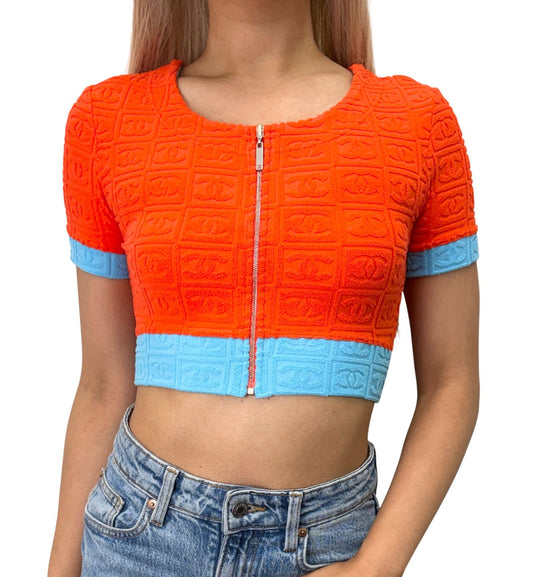 CHANEL Vintage 02S CC Logo Terry Cloth Cropped Zip Top #38 Orange Blue 902836