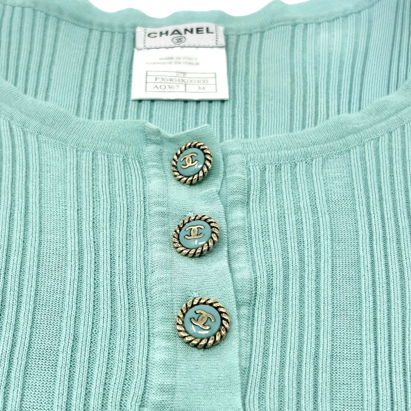 CHANEL Vintage 07P CC Mark Logo Rib Knit Tank Top #34 Turquoise Blue Cotton