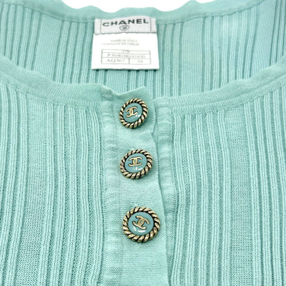 CHANEL Vintage 07P CC Mark Logo Rib Knit Tank Top #34 Turquoise Blue Cotton
