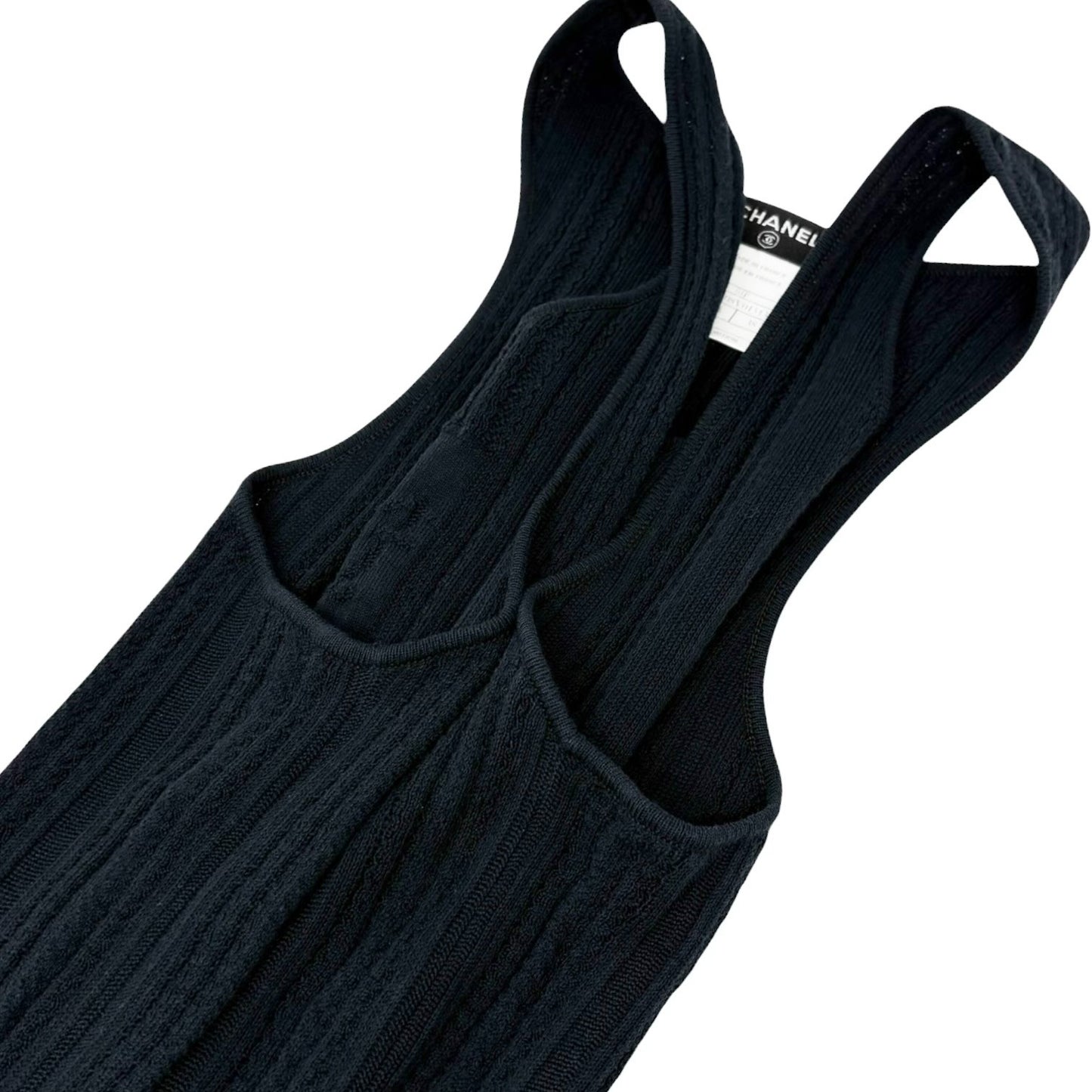CHANEL Vintage 01P CC Logo Mesh Rib Knit Tank Top #38 Black Cotton 902425