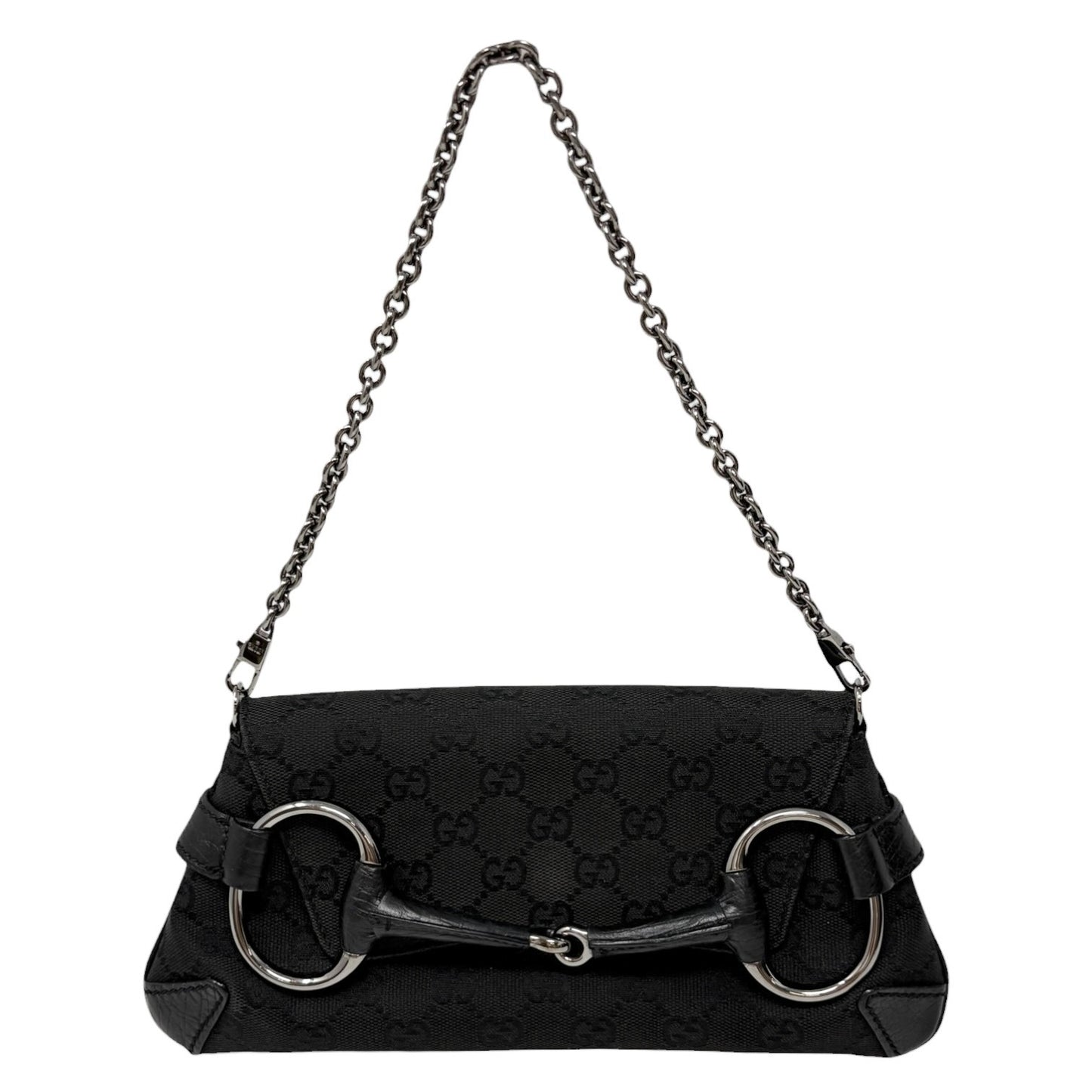 GUCCI Vintage GG Monogram Horsebit Chain Mini Bag Black Silver Canvas 902022