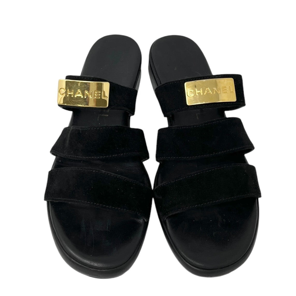 CHANEL Vintage CC Mark Logo Plate Slide Sandals #37-37.5 Black Gold Suede