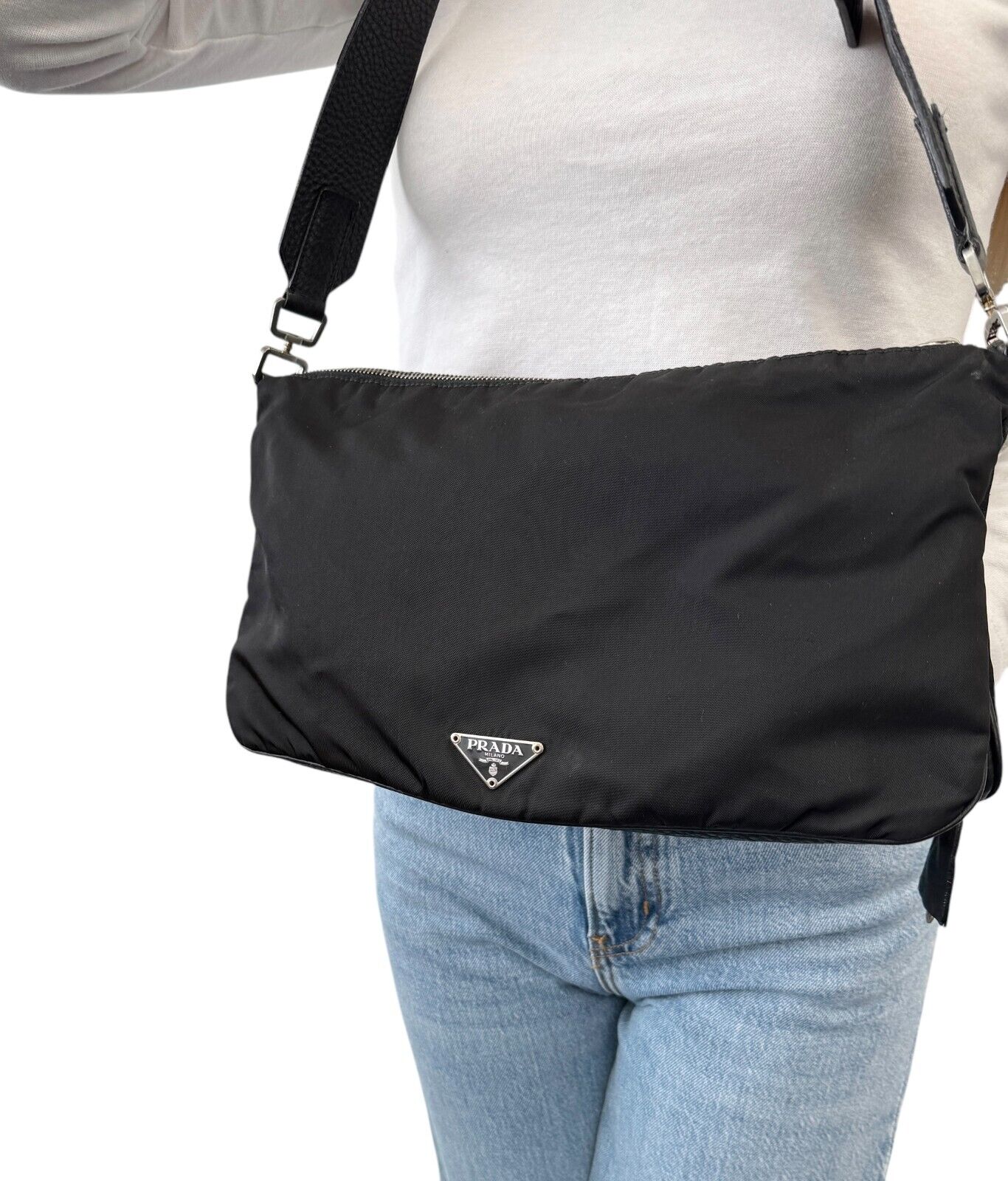 PRADA Vintage Logo Shoulder Bag Zip Padlock Black Silver Nylon Leather