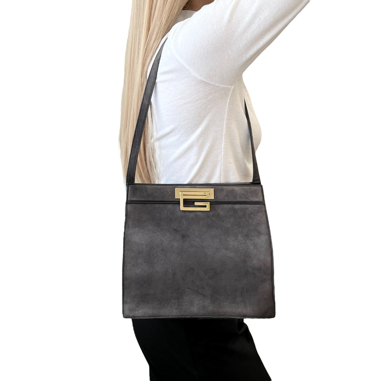 GUCCI Vintage G Square Logo Shoulder Bag Gray Gold Suede Leather
