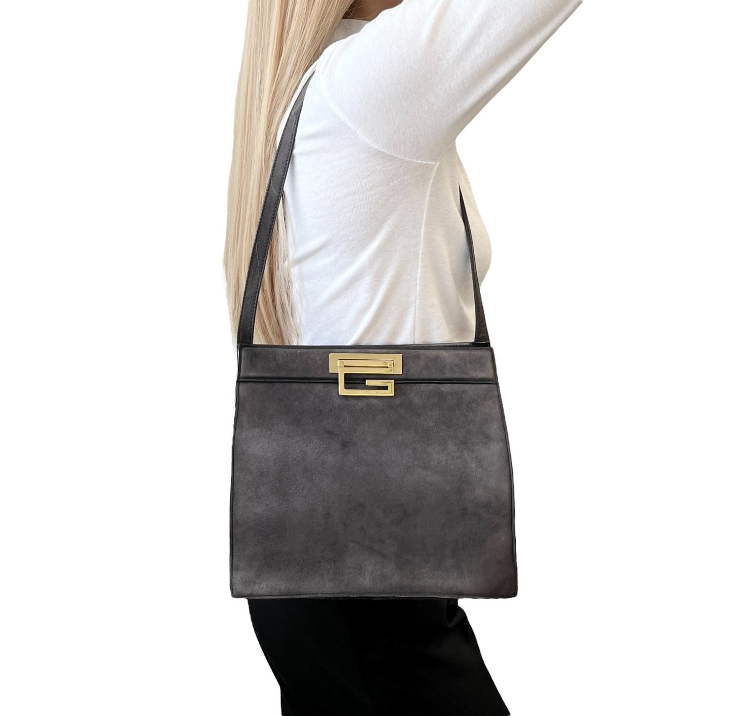 GUCCI Vintage G Square Logo Shoulder Bag Gray Gold Suede Leather