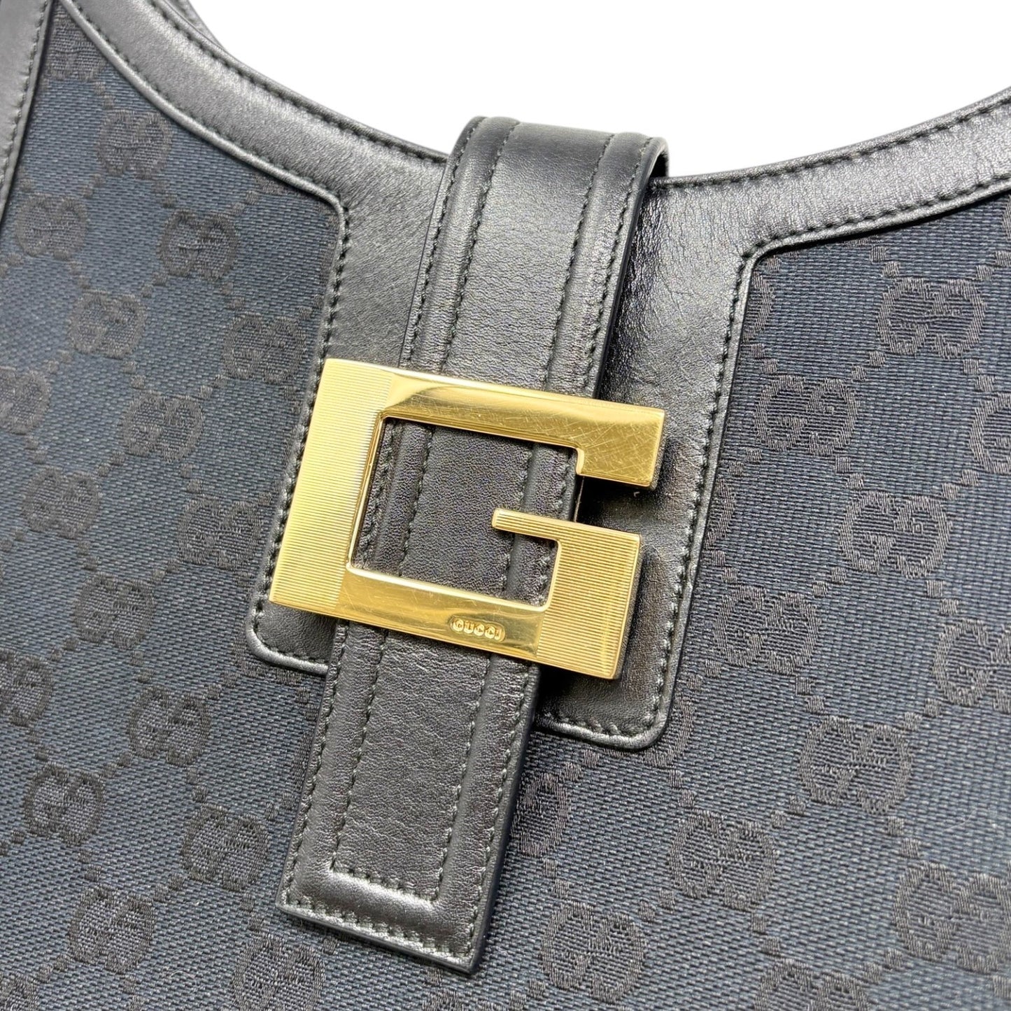 GUCCI Vintage G Square GG Monogram Shoulder Bag Magnetic Black Gold Leather