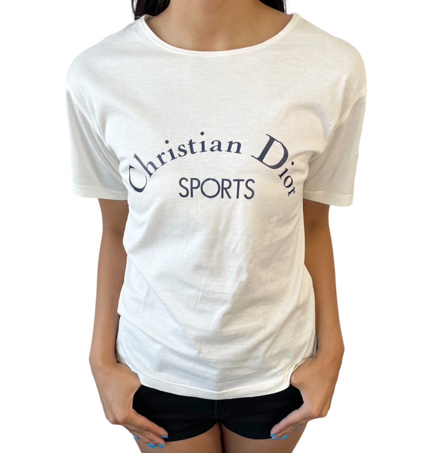 Christian Dior Sports Vintage Big Logo T-shirt Top #M White Dark Blue Cotton