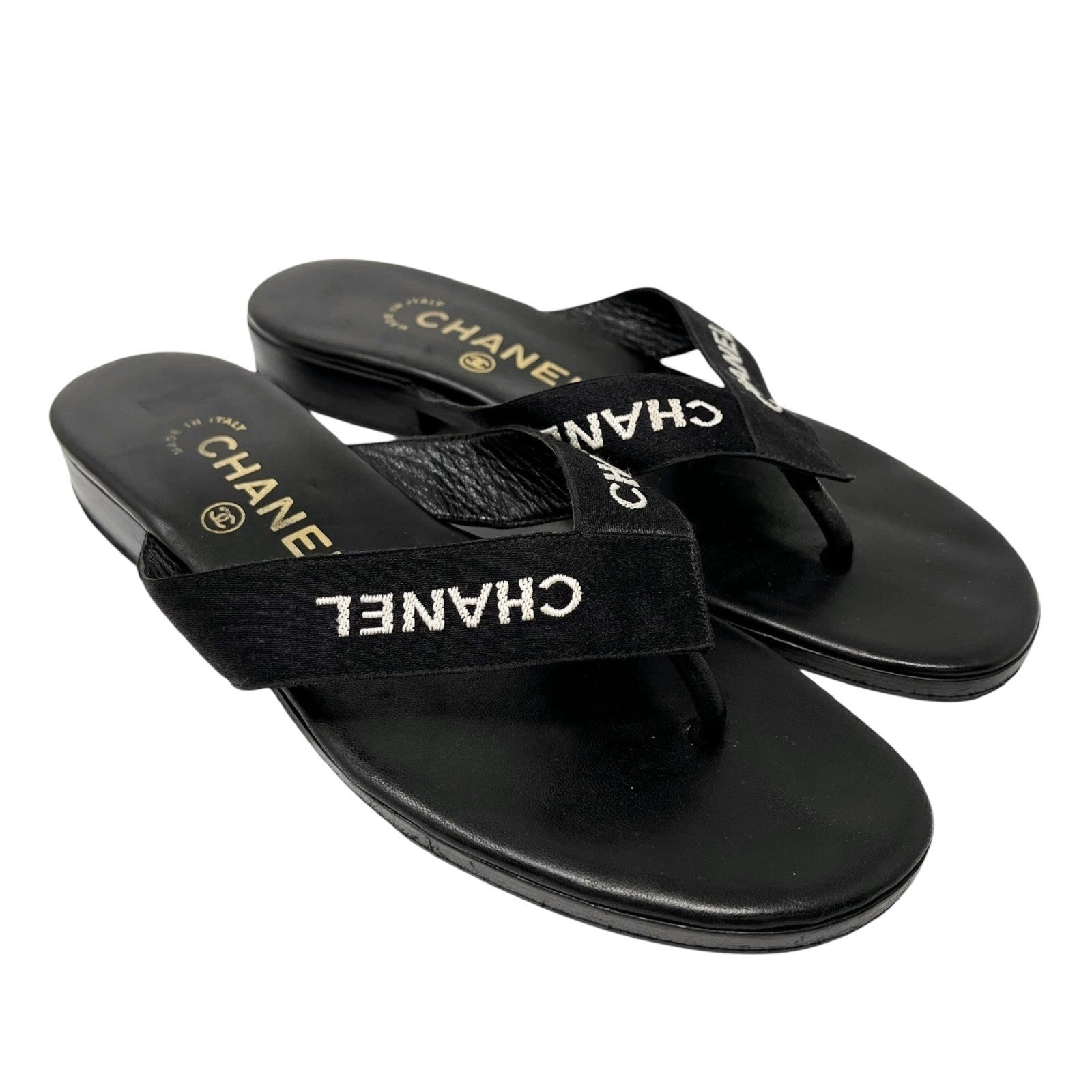 CHANEL Vintage CC Mark Logo Flip-Flops Sandals #37 Flat Black Leather Satin